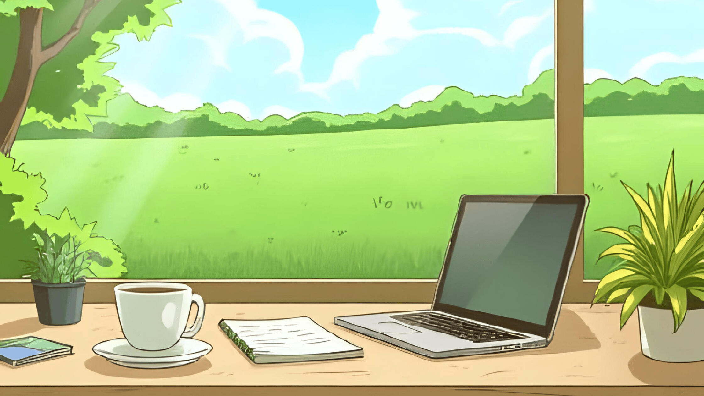 Working Across the Meadow A clean, modern flat-lay scene blending nature and technology — a laptop, notebook, and coffee cup arranged on a wooden table near a window overlooking a meadow. Subtle overlays or reflections show icons for marketing funnels, landing pages, email, and ana